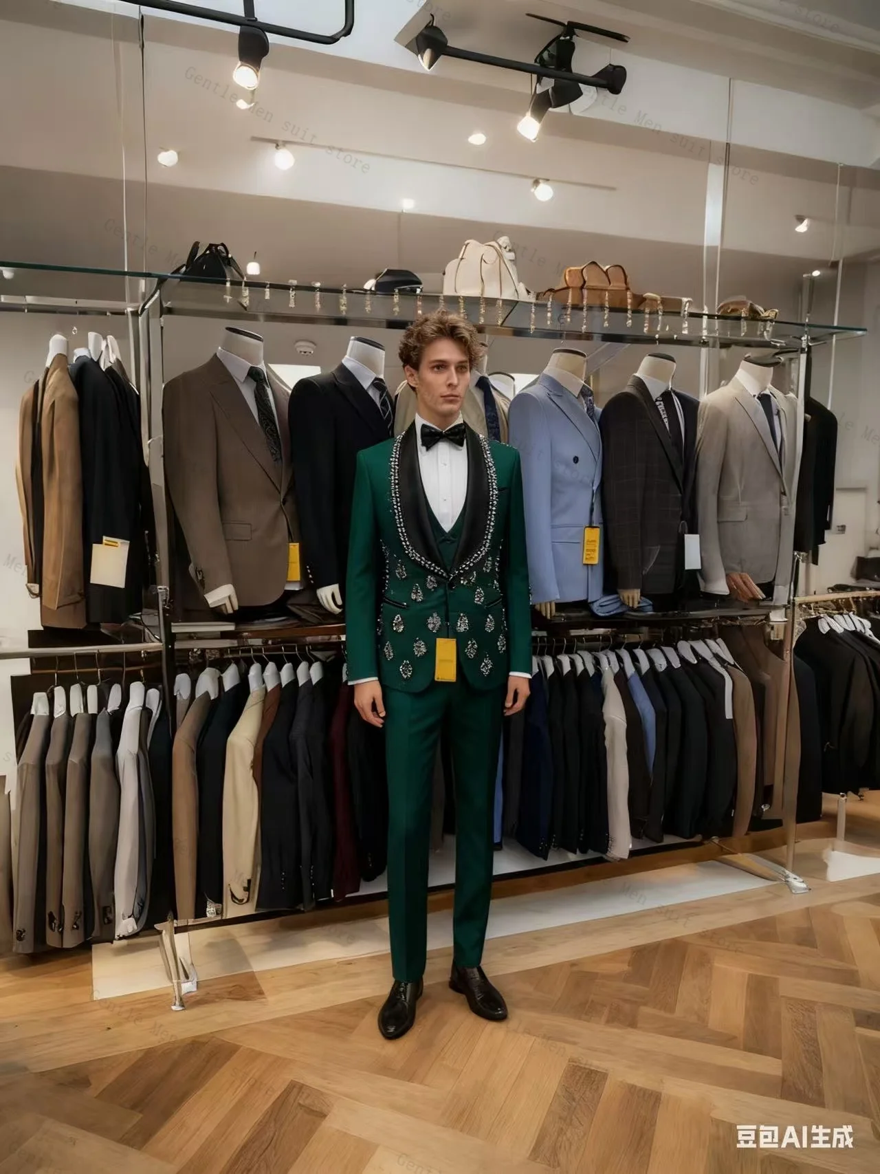 

Green Crystals Men Suit Set 2 Piece Blazer+Pants Trousers Cotton Wedding Tuxedos Formal Office Jacket Prom Coat Customized