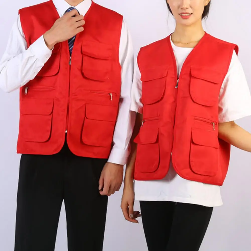 Men Waistcoat Multiple Pockets Cardigan Solid Color Breathable V Neck Outdoor Working Vest Sleeveless Slim Fit Men Vest for Work