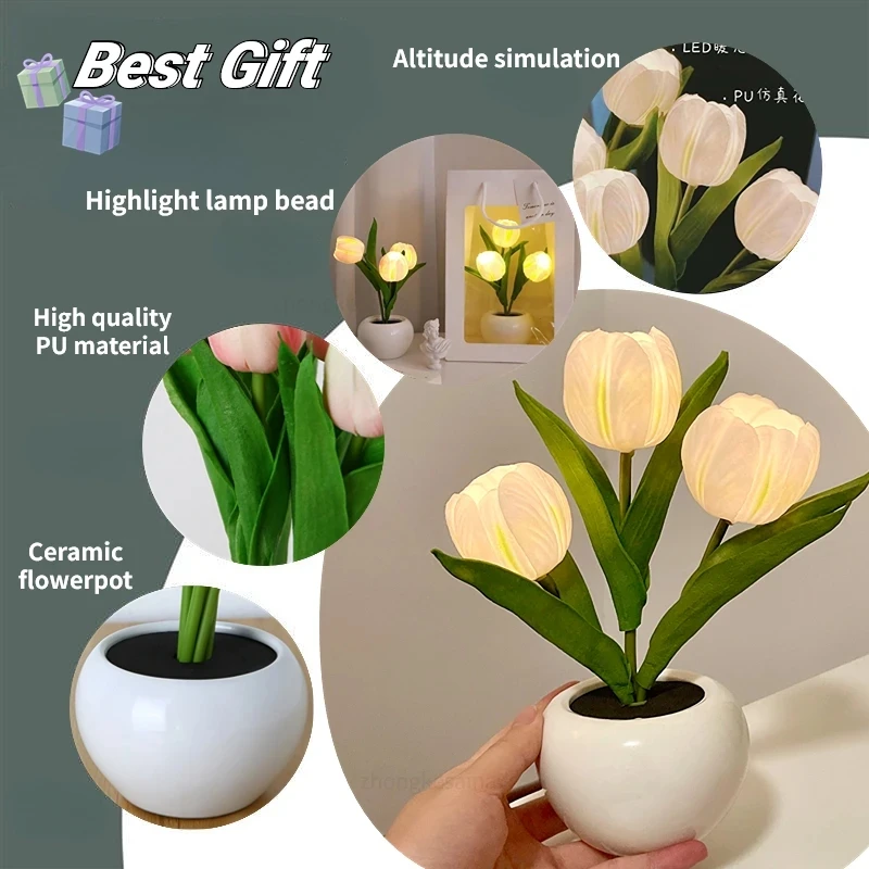 2023 LED Tulip Lamp Night Simulation Flower Lamp Atmosphere Night Light with Pot Nightlights Tulips Table Lamp Room Decor