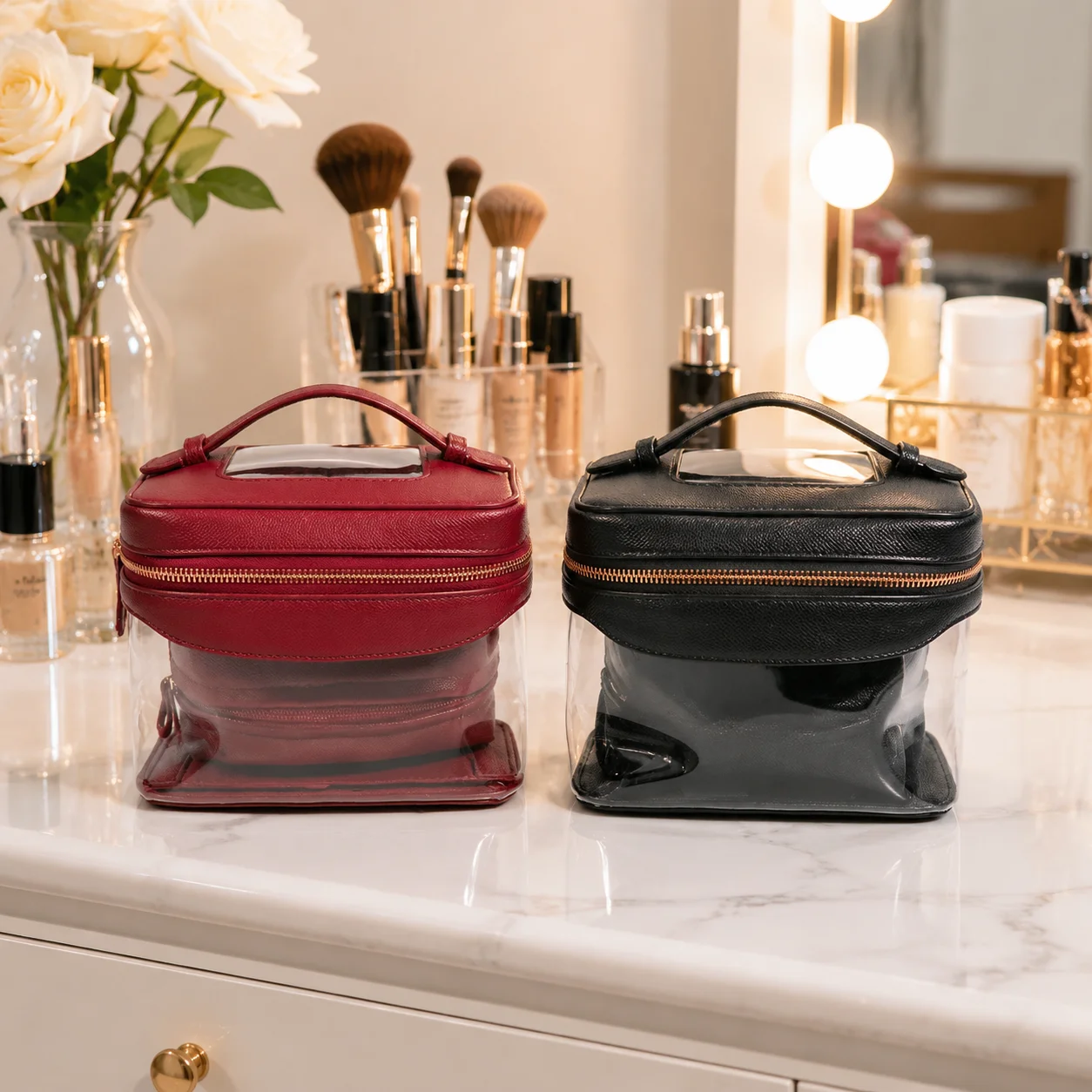 3Pcs Travel Makeup Bag Set, PU PVC Cosmetic Organizer with Brush Pouch, Portable Toiletry Storage Case for Women