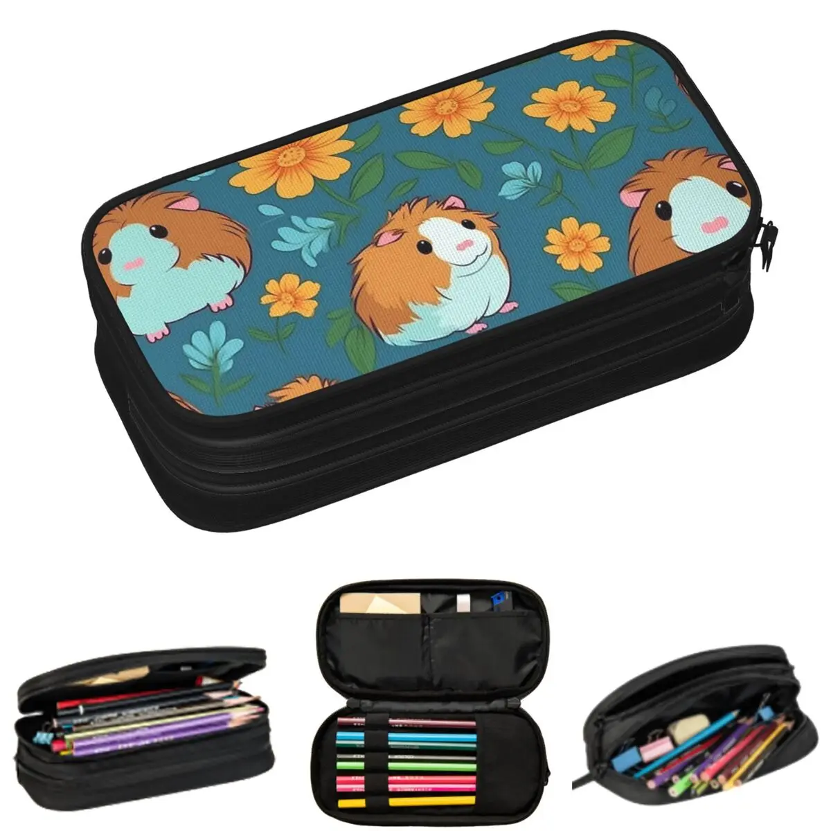 

Cute Guinea Pig Face And Floral Pattern Pencil Cases for Students School Pen Box Pencil Bag Large Storage Pencil Pouch