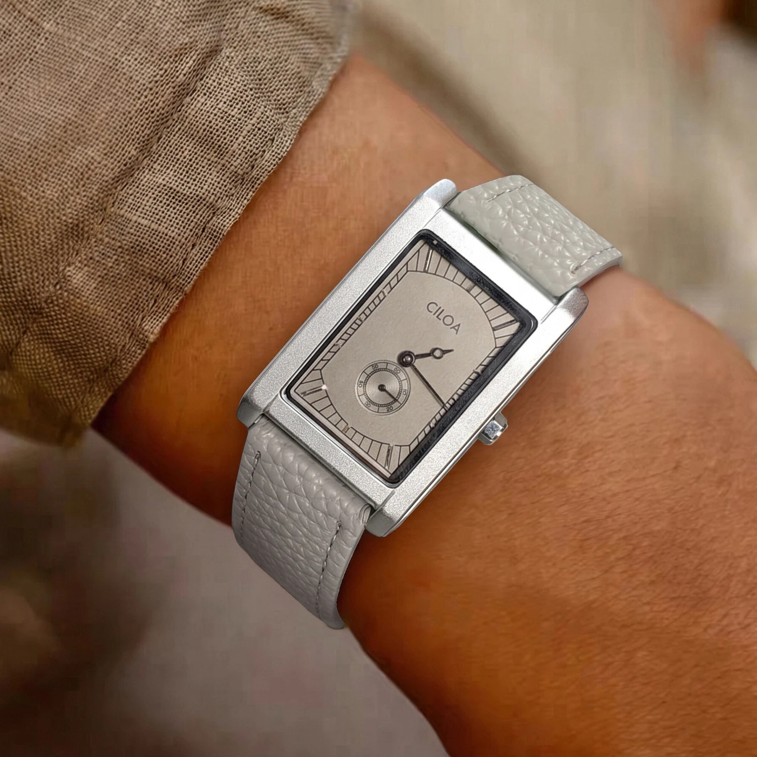 Women Vintage Rectangular Quartz Watch Small Second Dial Grey Grain Leather Strap Retro Square Ladies Wristwatch