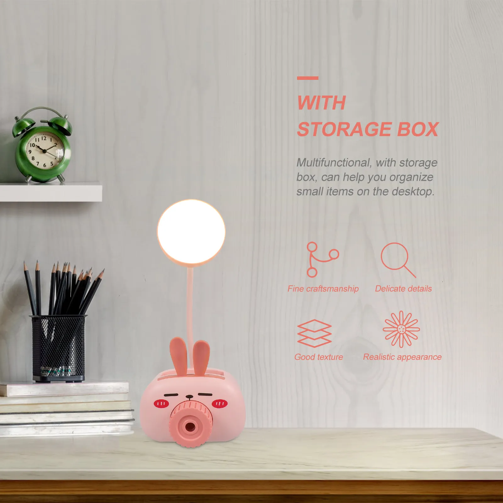 1Pcs Adorable Rabbit Night Lamp Desktop Table Light Portable Mini Storage Holder Decorative Home Use Reading Lamp