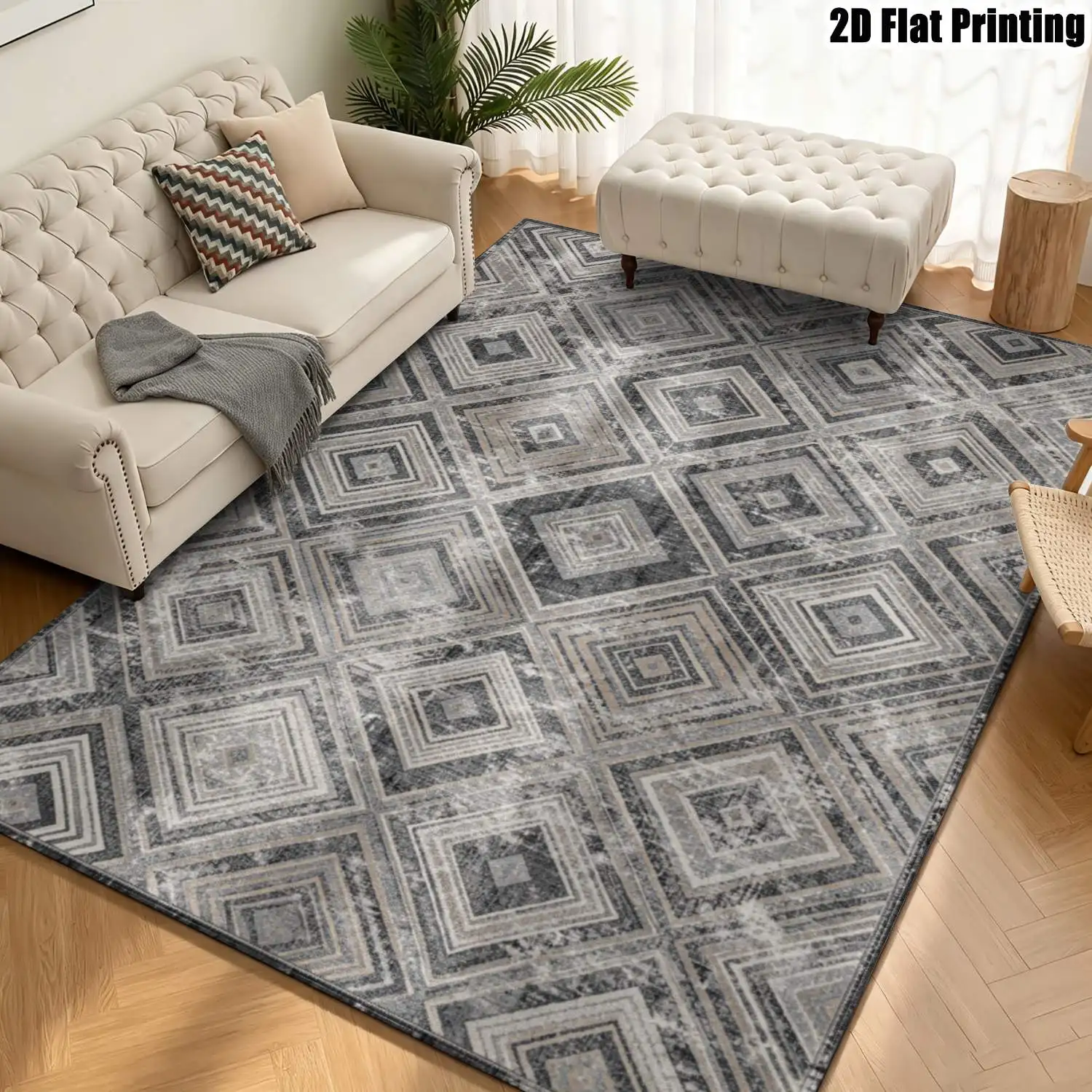 1Pc 2D Printed Retro Gray Geometric Diamond Pattern Carpet, Nordic Style, Machine Washable, Multi-Size, Ideal for Home Decoration & Multiple Scenarios
