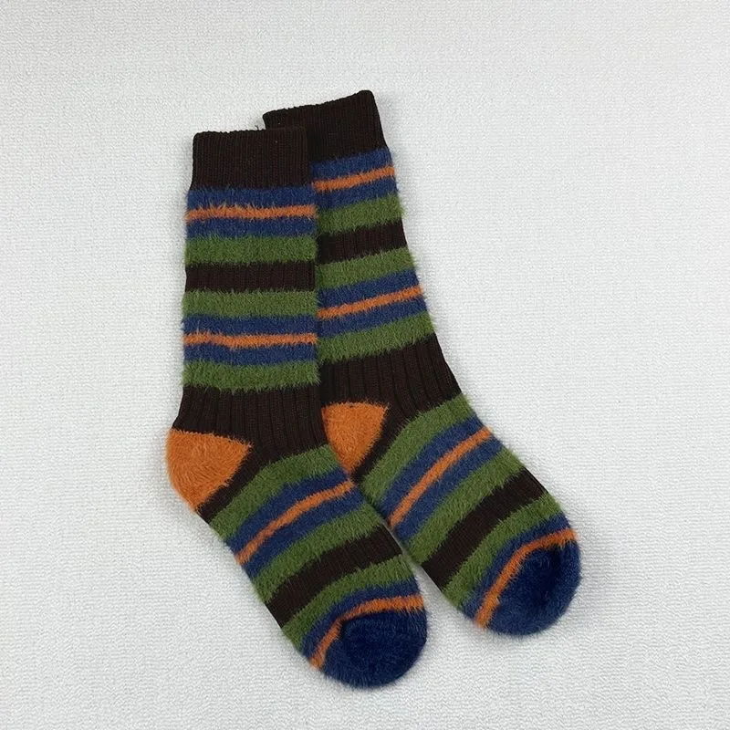 3 Paar lange, flauschige Damensocken mit mittlerer Wade, gestreift, farbblockierend, warm, für Herbst und Winter, lockere Socken für Mädchen, modisches Slouch-Socken-Set
