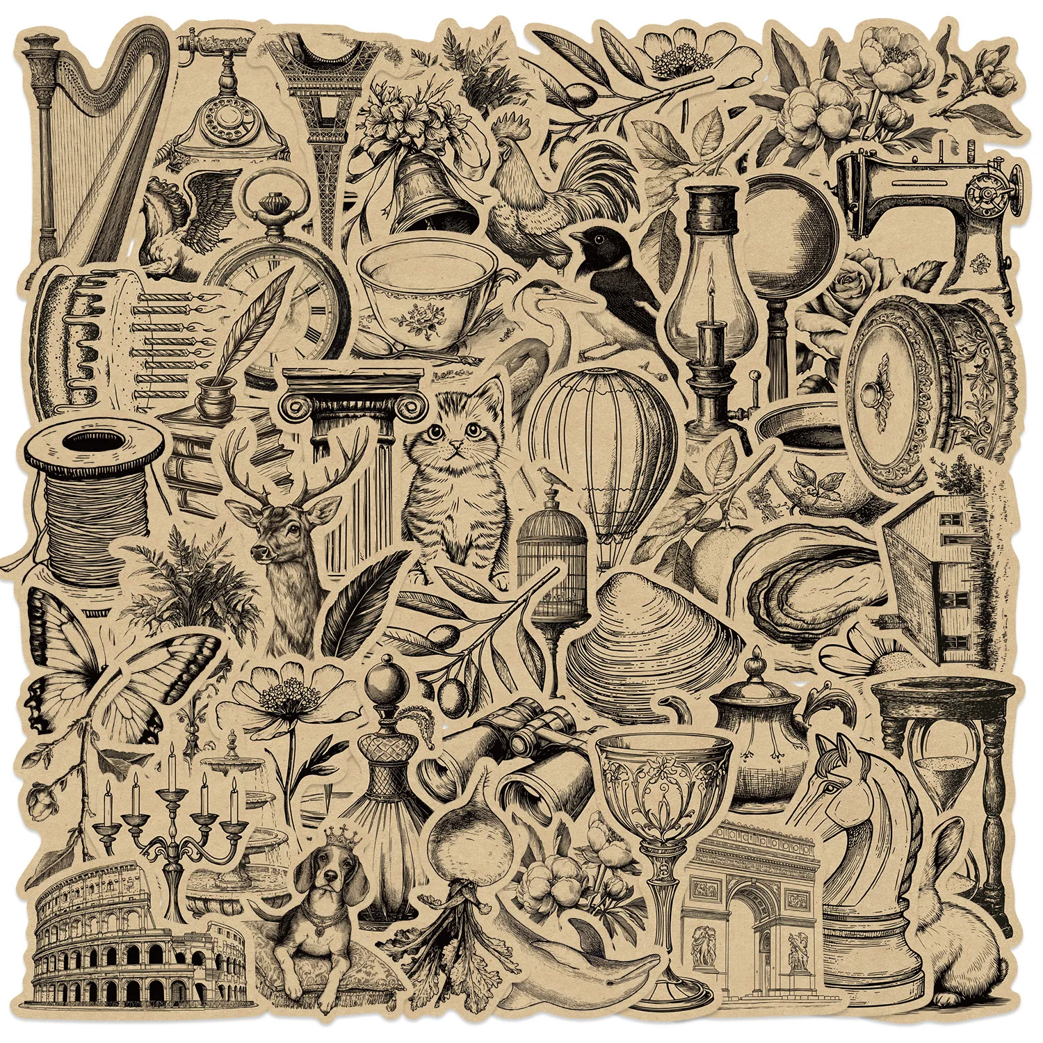 50pcs Retro Kraft Paper Stickers Decals For Phone Scrapbook Laptop Suitcase Guitar DIY Vintage Aesthetic Stickers Creative Gifts