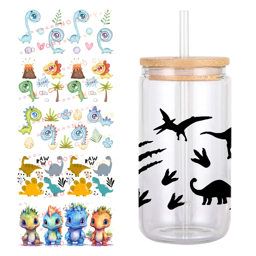 Dinosaur Design Cup Wrap Sticker, Glass Can, UV Dtf, Waterproof Sticker, 16oz, 11x24cm