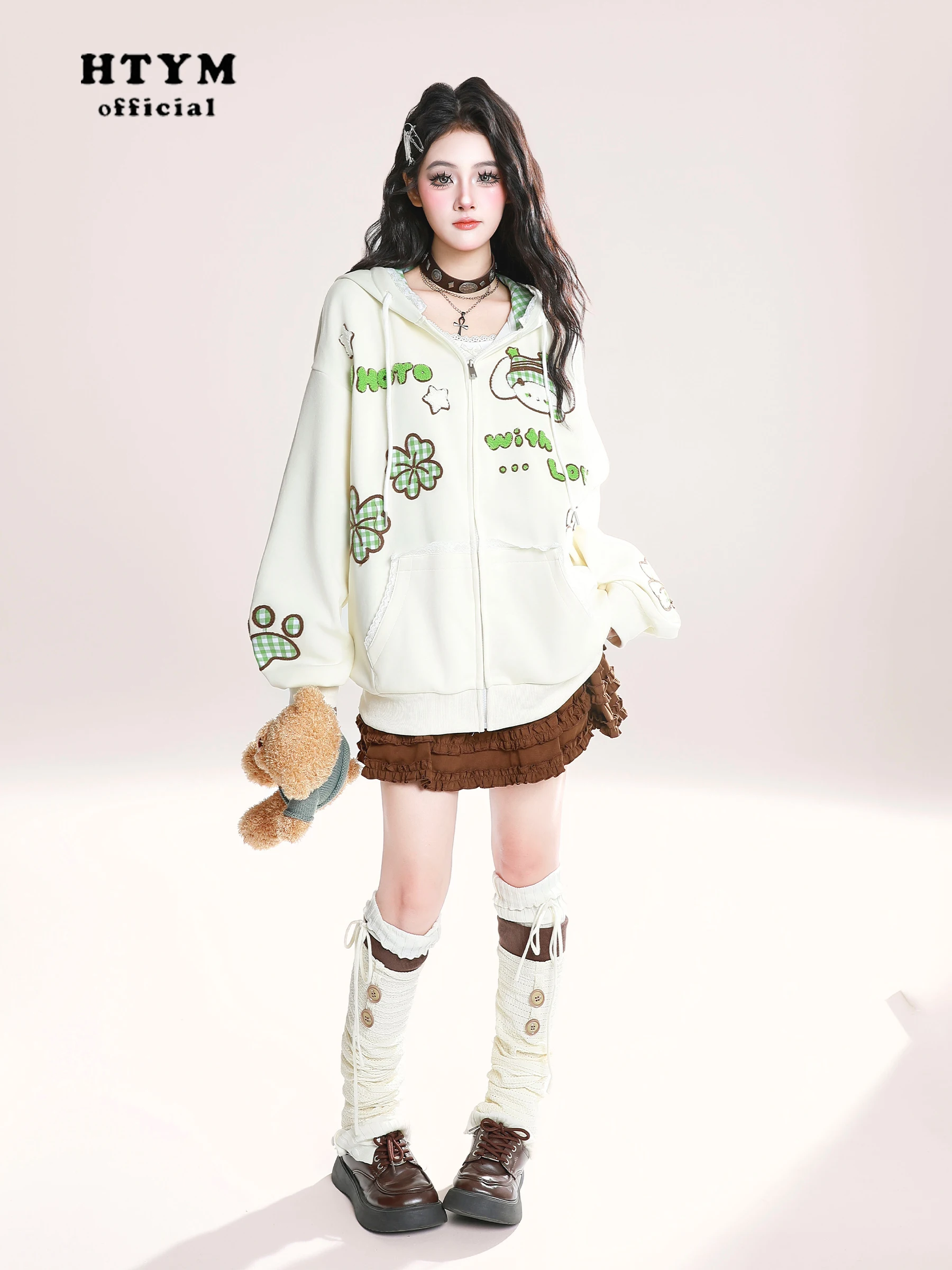 Highstreet Sweet Cool Girl Versatile Casual Hoodies Flocked Lace Plaid Hooded Long Sleeve Zipper Loose Sweatshirts Women Autumn