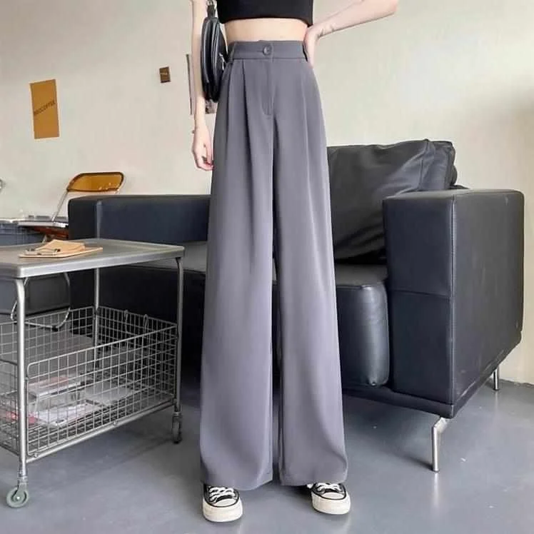 Zomer 2025, losse, casual lange broek voor dames, hoge taille, broek met rechte pijpen, reflecterend splitsdetail, katoenmix