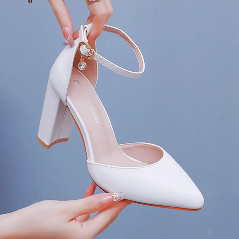 Women Sandals Summer Buckle Strap Rhinestone Basic PU 10.5CM Square Heel Wedding Party Women Modern Sandals White