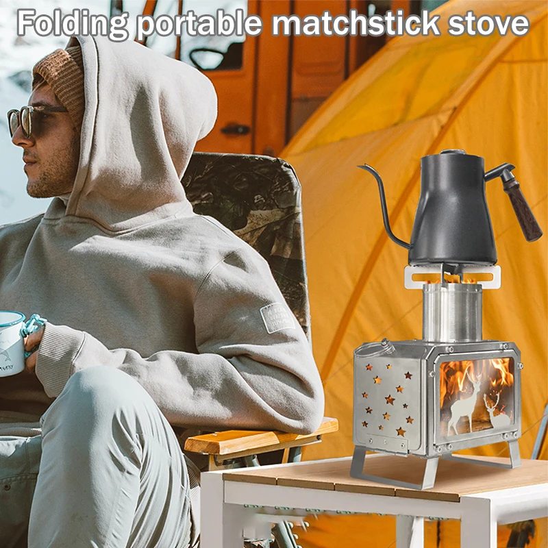 Outdoor Stainless Steel Wood Burning Stove Tent Camping Heating Barbecue Stove Picnic Folding Bring Oven Function Cookware Stove