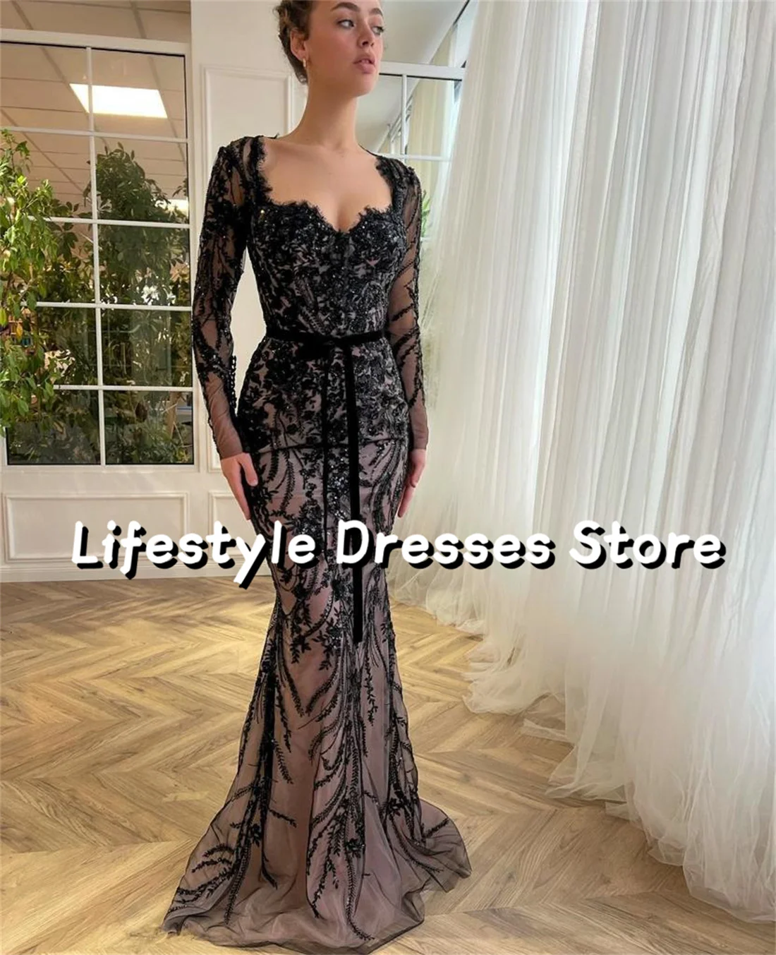 

Black Lace Tulle Mermaid Evening Dresses Elegant Long Sleeve Embroidery Wedding Party Gown Special Occasion Dress robes de soire