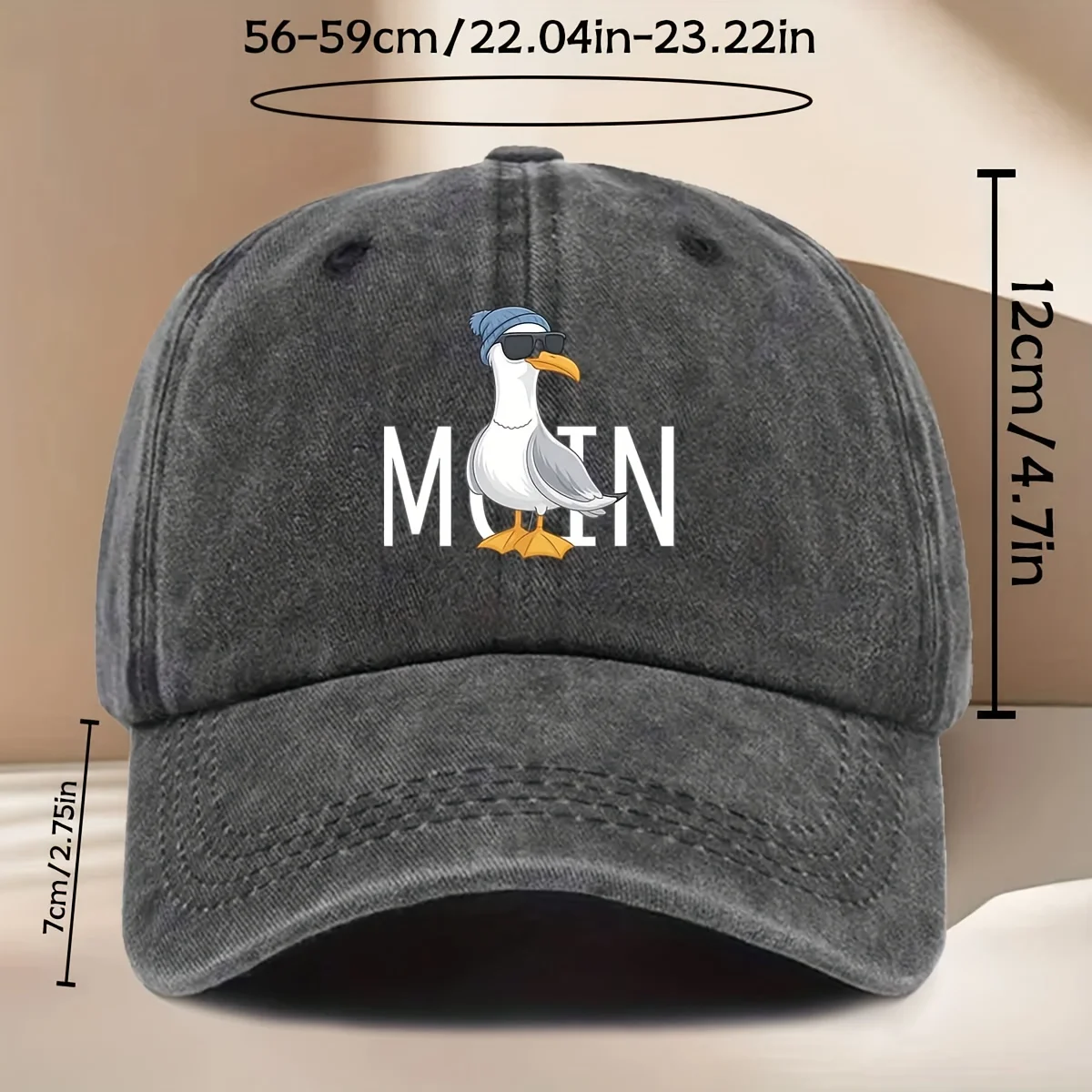 Baseball Cap with Cartoon Seagull Wearing Blue Hat And Sunglasses, Printed with MOIN Text, Casual, Fashionable, Versatile, And T