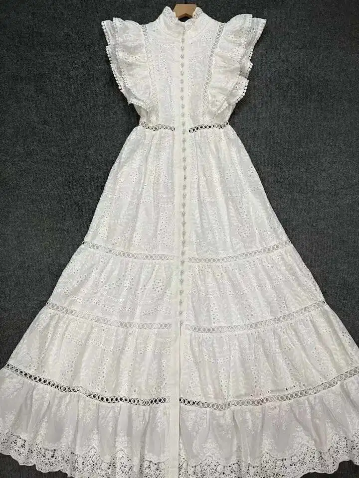 Белое хлопковое длинное платье, лето 2023, банкетное однобортное платье с вышивкой и летним рукавом, женское платье для выпускного вечера