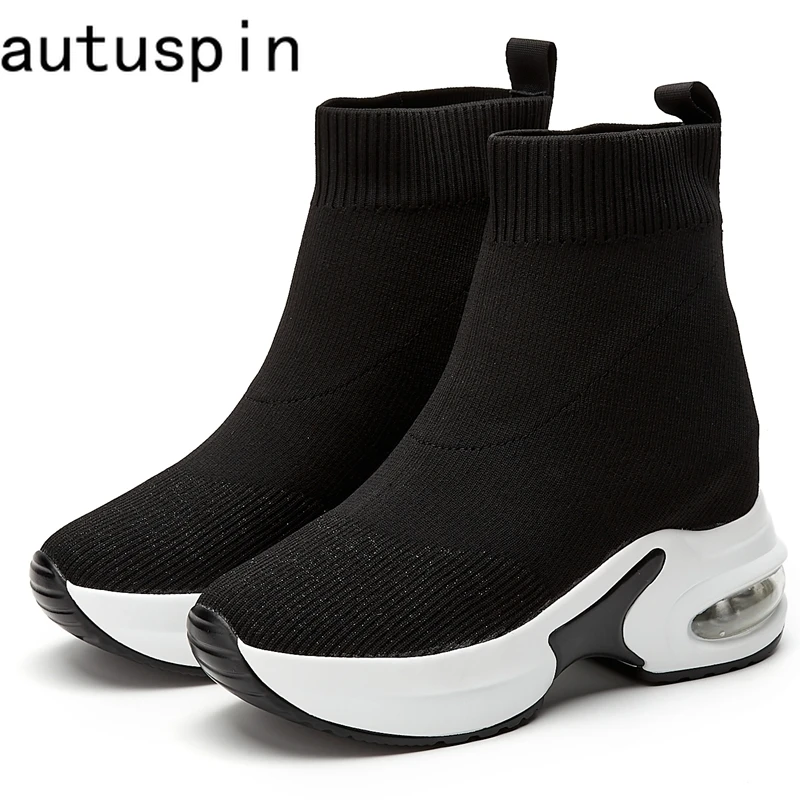 

AUTUSPIN 2025 Spring Fashion Boots for Woman Breathable Fabric Socks Shoes Female Black Warm Plush Ankle Boot Wedges High Heels