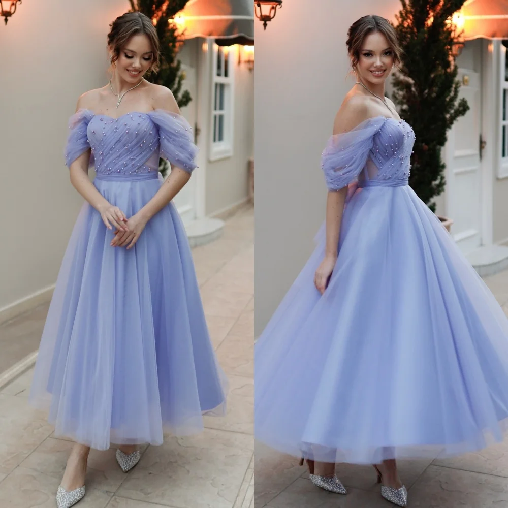 

Customized Matching Tulle Pleat Draped Pearl Beading A-line Off-the-shoulder Midi Dresses Bespoke Occasion Dresses Exquisite