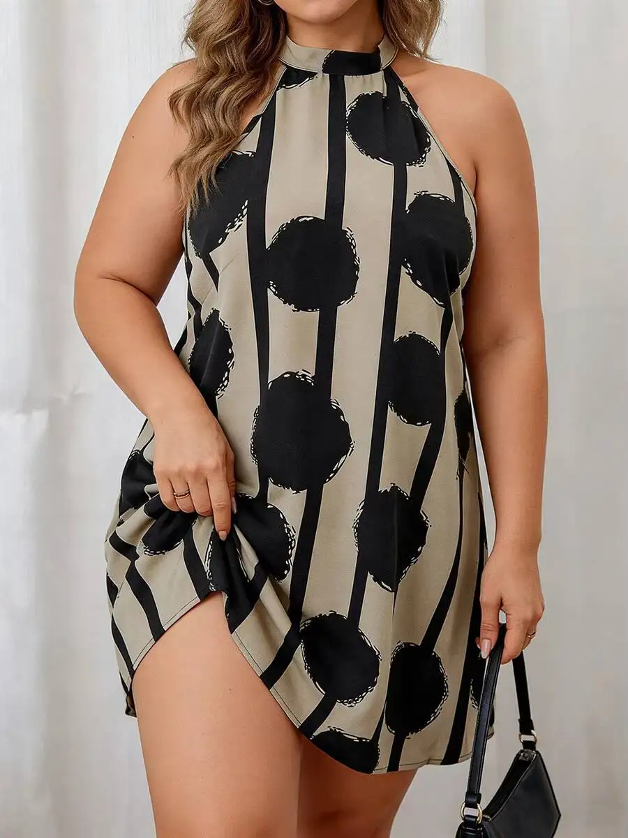 

Женское платье больших размеров с воротником-халтером, без рукавов, с принтом в горошек, мягкое, свободное, повседневное, весна-лето 2026, шикарное, легкое, на каждый день