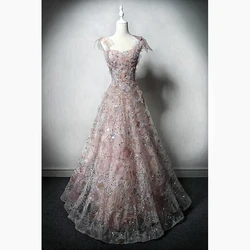 Pink Gorgeous Celebrity Dresses Flower Sequins Beading Gauze Strapless Pleated Floor High Prom Party Evening Gowns