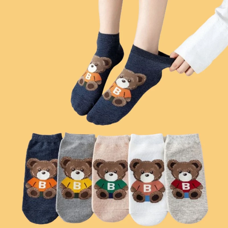 5/10 Pairs Cotton Breathable Short Socks Women's Boat Socks Cartoon Bear Casual Socks Women's College Style Straight Socks