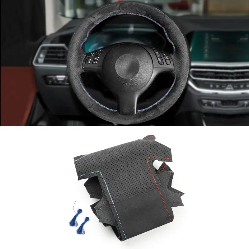 Do BMW M Sport M3 E46 Coupe 2000-2006 M5 E39 2000-2003 Zamszowa skórzana osłona kierownicy wnętrza samochodu Czerwony Niebieski Gwint Wykończenie