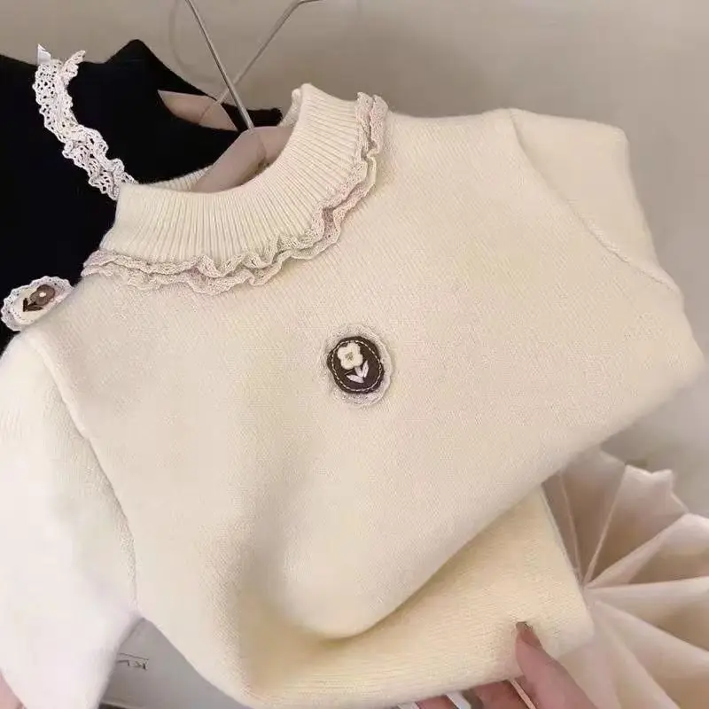 

Свитер для маленьких девочек с цветочной вышивкой, утепленный теплый трикотаж для маленьких девочек, кружевной свитер с круглым вырезом, детские пуловеры для девочек, майка