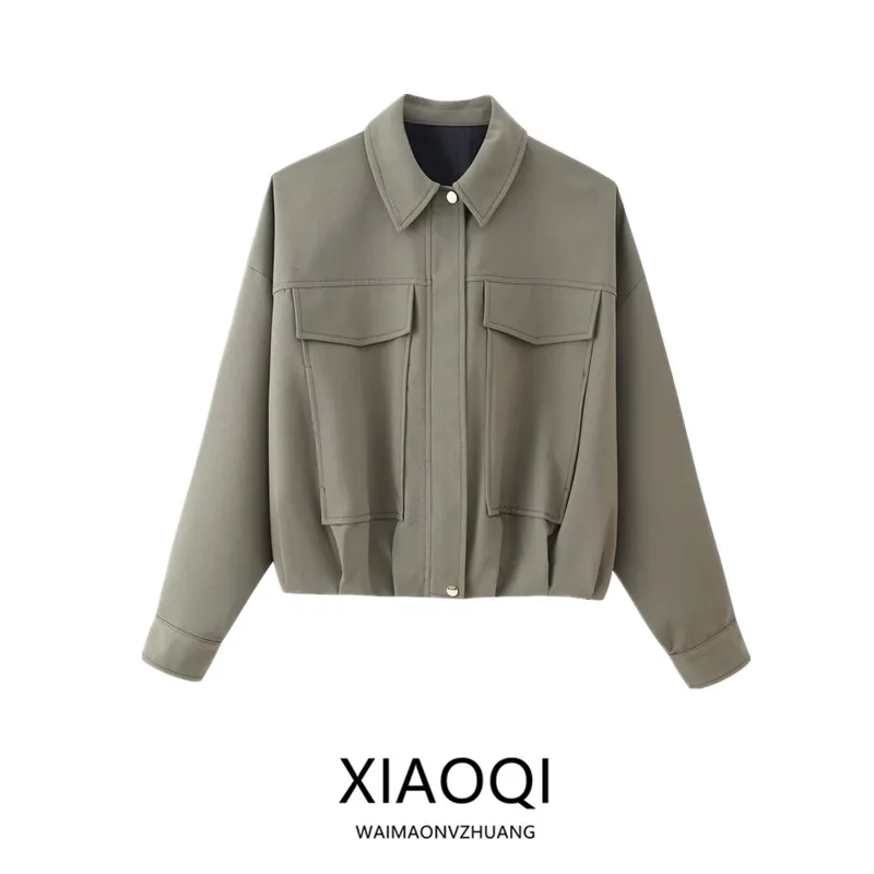 

Winter New Women's Casual Sle Pilot Jaet Coat with Pleated Hemline All-Match Outerwear ort Length Zipper Closure