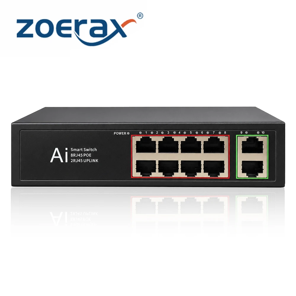 ZoeRax 8-Port POE Network Switch with Gigabit 2 Uplink One Cable POE Plug & Play 2KV Lightning Protection for IP Camera