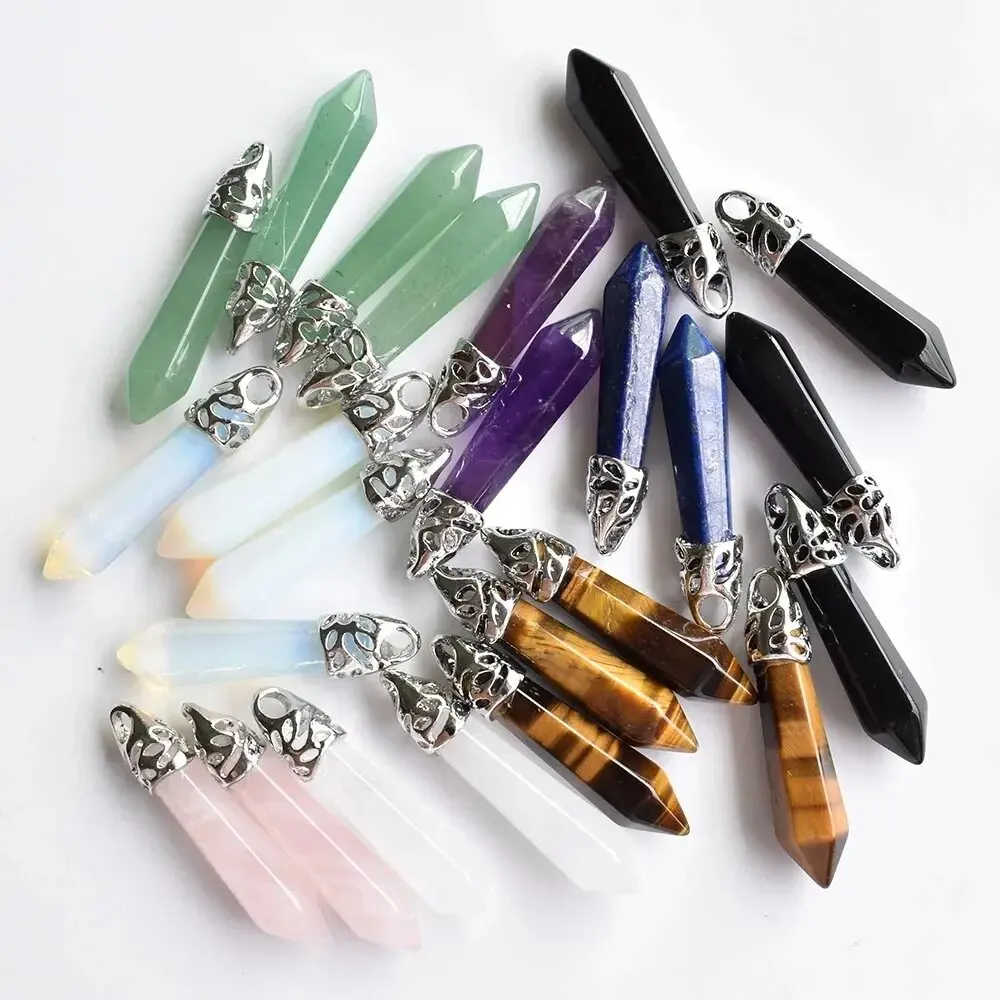 50pcs Cheap Natural Amethysts Lapis Lazuli Rose Quartz Tiger Eye Stone Pillar Charms Pendants for Jewelry Making Findings