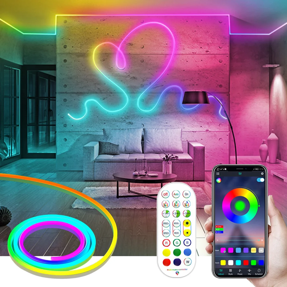 Smart Bluetooth Rgbic Led Neon Licht 12V 5M 10M Waterdicht Dreamcolor Led Strip Verlichting Muziek Sync Slaapkamer Game Room Decoratie