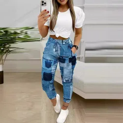 Casual Women Suit 2024 Summer Latest Baroque Leopard Round Neck Short Sleeved Drawstring Patchwork Color Pants+Top Two-Piece Set