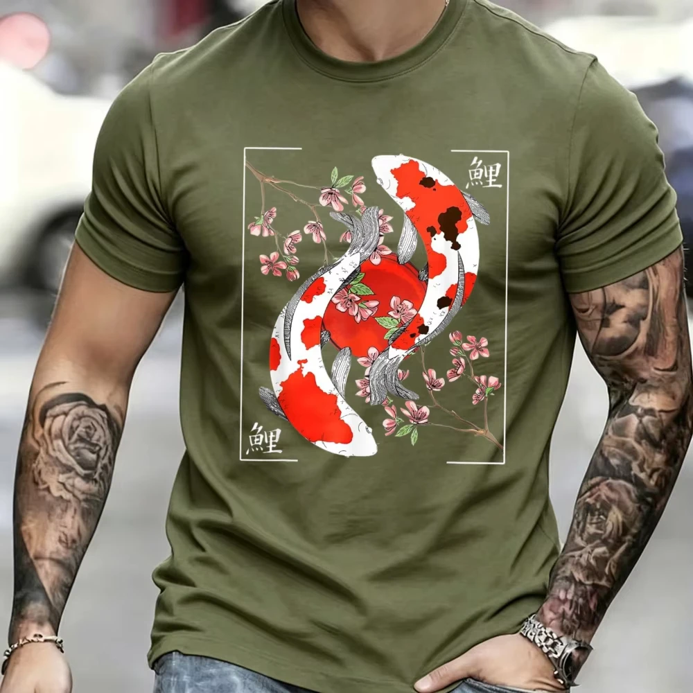 Japanese Koi Carp Fish Nishikigoi Cherry Blossom Men Women T-Shirt Beach Vacation Funny Outdoors High Quality Cotton Short-sleev
