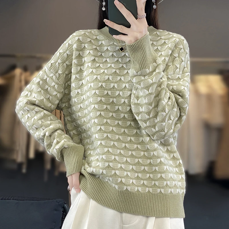 Mixed color knitted women's butterfly needle jacquard sweater 100% wool thick loose lazy style autumn winter round neck pullover