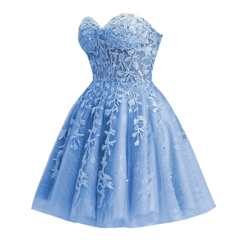 Personalizado simples verão popular sem alças curto rendas apliques baile de formatura vestidos cintura fina tule mini graduação cocktai