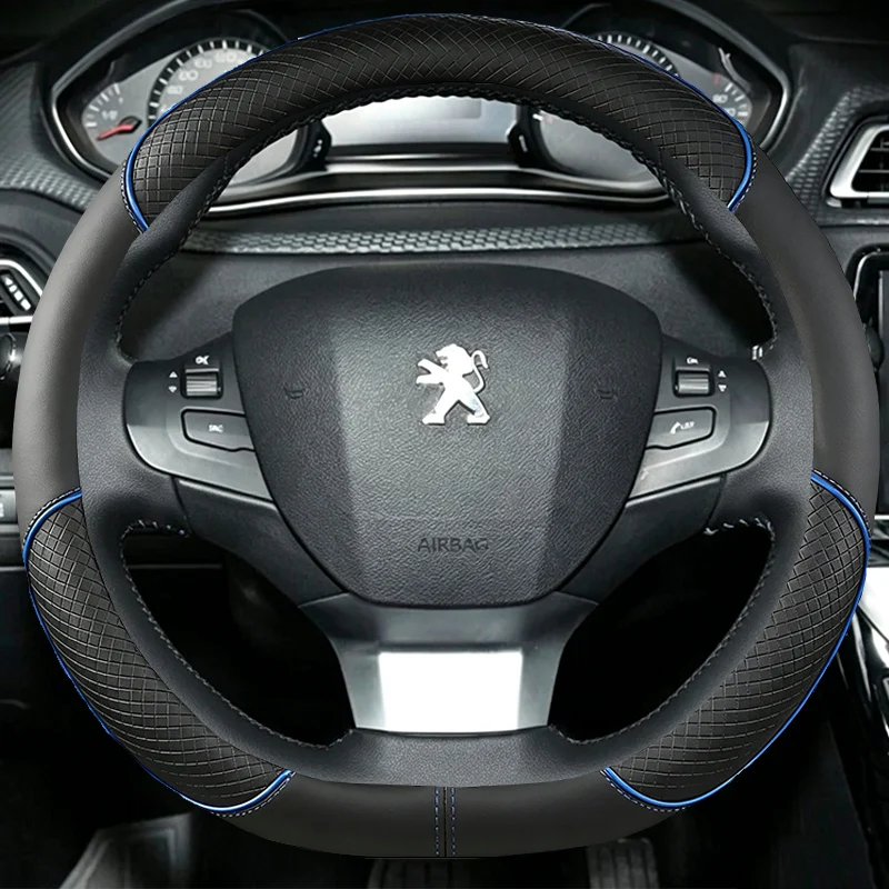 For Peugeot 308 307 2016-2019 Hand Stitched Black Stitch Car Steering Wheel Cover DIY Non-slip Leather Car Interior