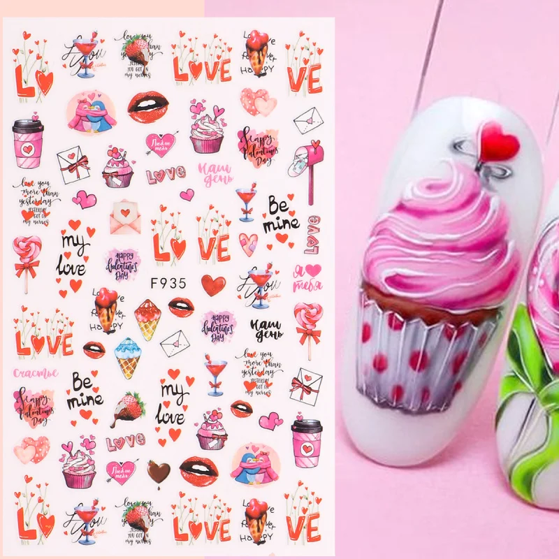3D 발렌타인 네일 아트 스티커, 쿨 레이디 하트 장미 꽃 슬라이더, 커피 케이크 접착 데칼 장식, DIY 매니큐어, 5 개