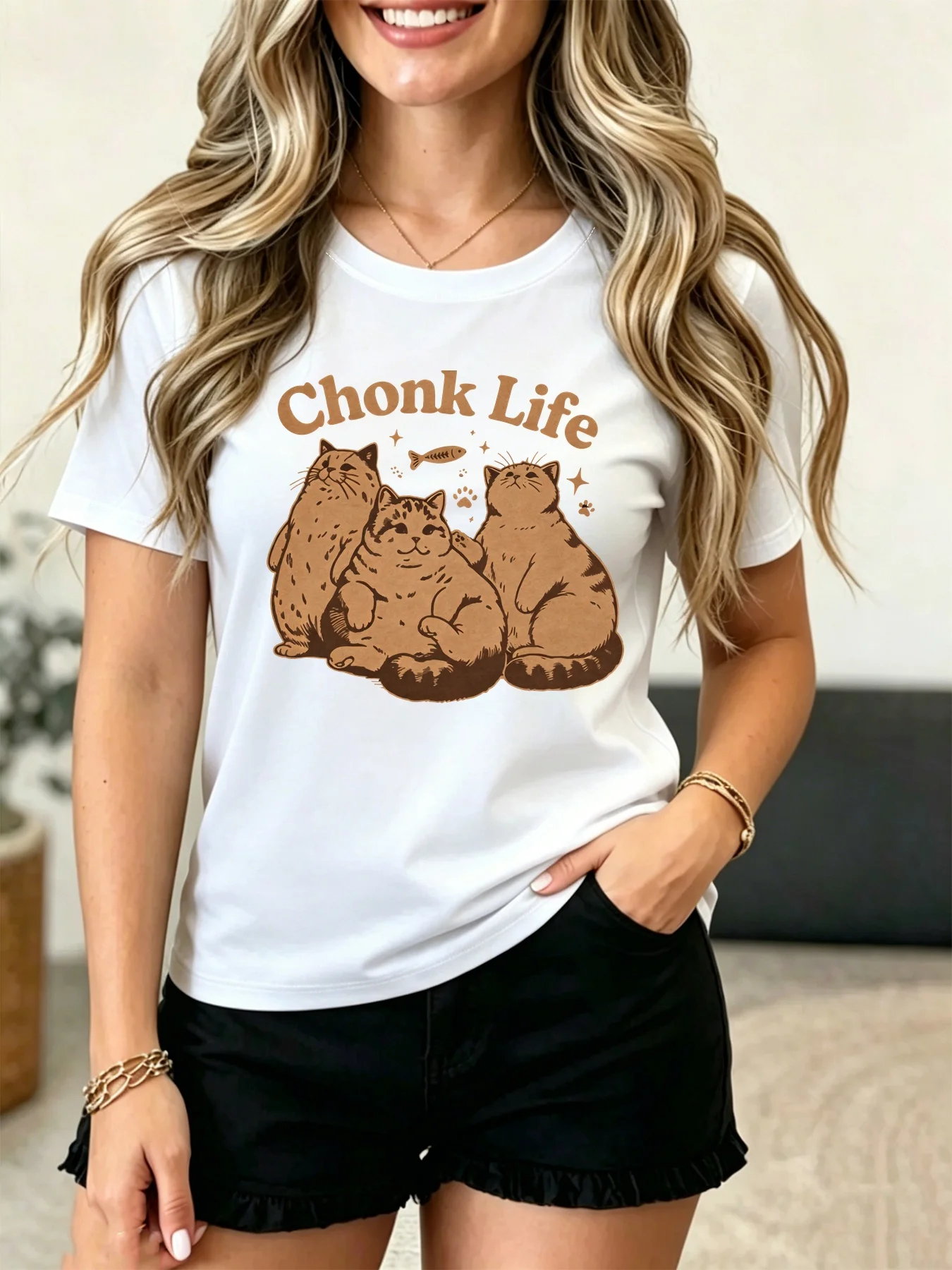 Women Crew Neck Tee Chonk Life Cute Retro Fat Cats Fish Bone Graphic Print Short Sleeve Loose Ladies Cotton Plus Size Casual Top