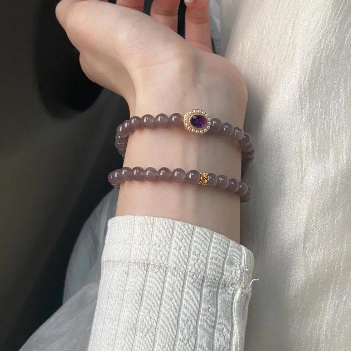 Reine Naturstein Weiß Glück Traube Lila Hetian Jade Achat Doppelschicht Armband Hohe Kristall Armband Paar INS Hand String