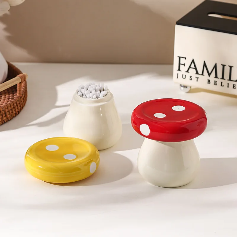 Niedlicher Pilz-Keramik-Zahnstocherhalter, Wattestäbchen-Behälter, Haushalts-Zahnseide-Box, Desktop-Organizer-Glas