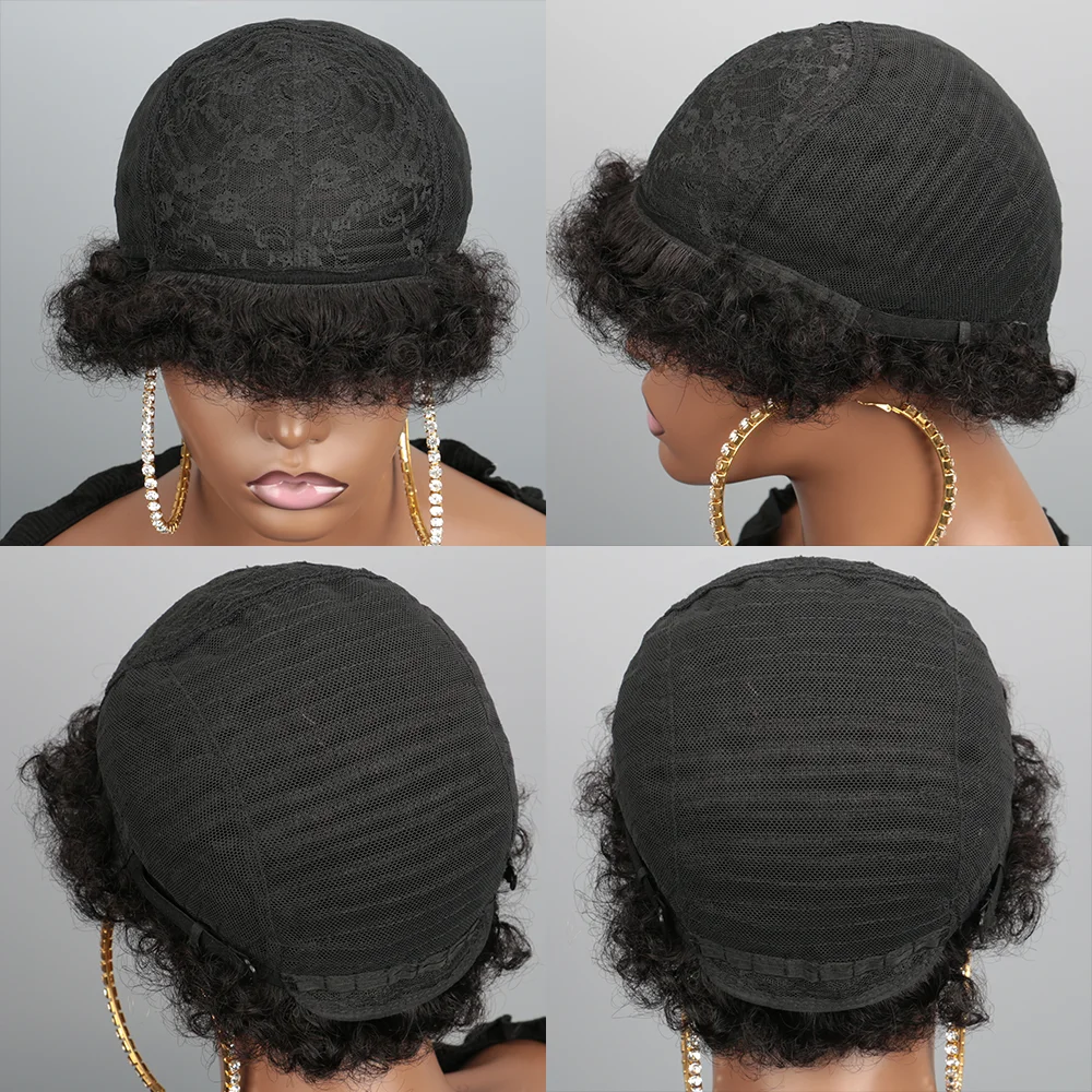 Afro Puff Curl Bob Realistic Natural Hair Glueless Virgin Hair Colored Fluffy Afro Puff Wig For Women Pixie Cut Wigs Human Hair image 6