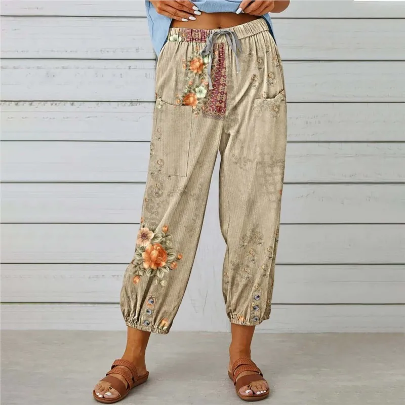 Pantalones largos con estampado Floral para mujer, pantalón holgado Vintage de piernas anchas con cordón, estilo informal, novedad de otoño, 2024