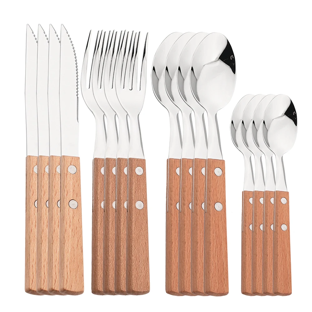 

16Pcs Tableware Set with Wooden Handle 304 Stainless Steel Cutlery Knife Fork Spoon Dinner Dinnerware Set Kitchen Accessories