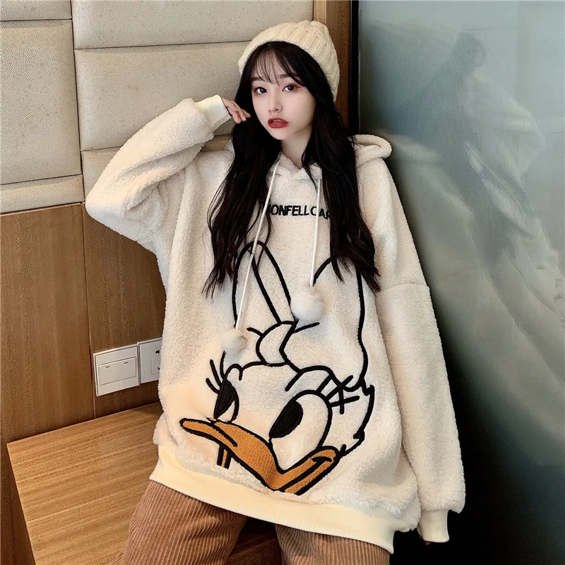 Woman Jacket Lamb Wool Coat Autumn and Winter New Cute Donald Duck Lamb Wool Sweater Coat Female Thick Mid-lengths