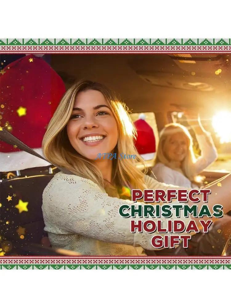 U13C Plush 2Pieces Santa Hat Chair Car Headrest Covers Festive Vehicle Decorations Christmas Auto Interior Accessories