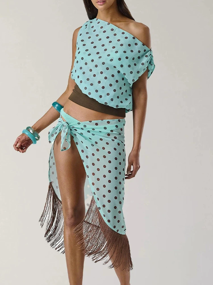 

Oniflyme Polka Dots Printed 2 Piece Sets Women Streetwear Inclined Shoulder Crop Tops Tassels Bandage High Split Skirts Outfits