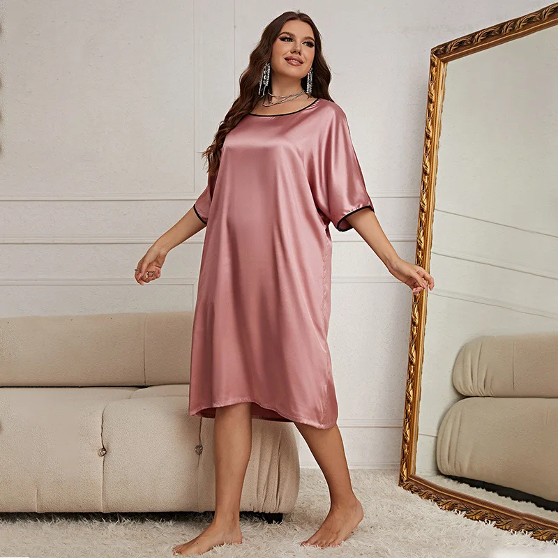 Pijama de talla grande para mujer, camisón de seda de hielo, ropa de casa de verano, ropa de dormir con estampado de longitud media, vestido de