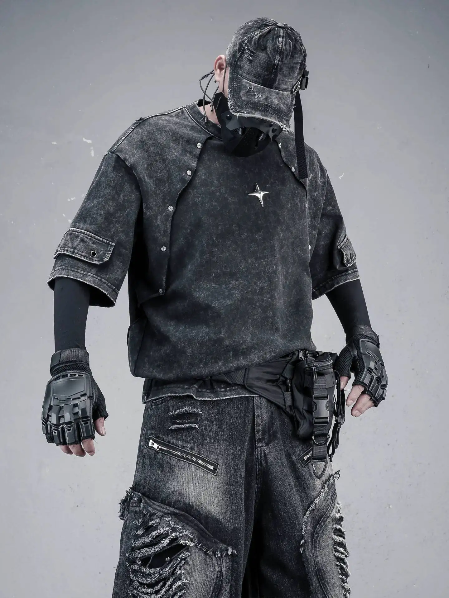Man Post-apocalyptic T-shirt 2026 Vintage Washed Cotton T Shirt For Men Rivet Spliced Loose Short