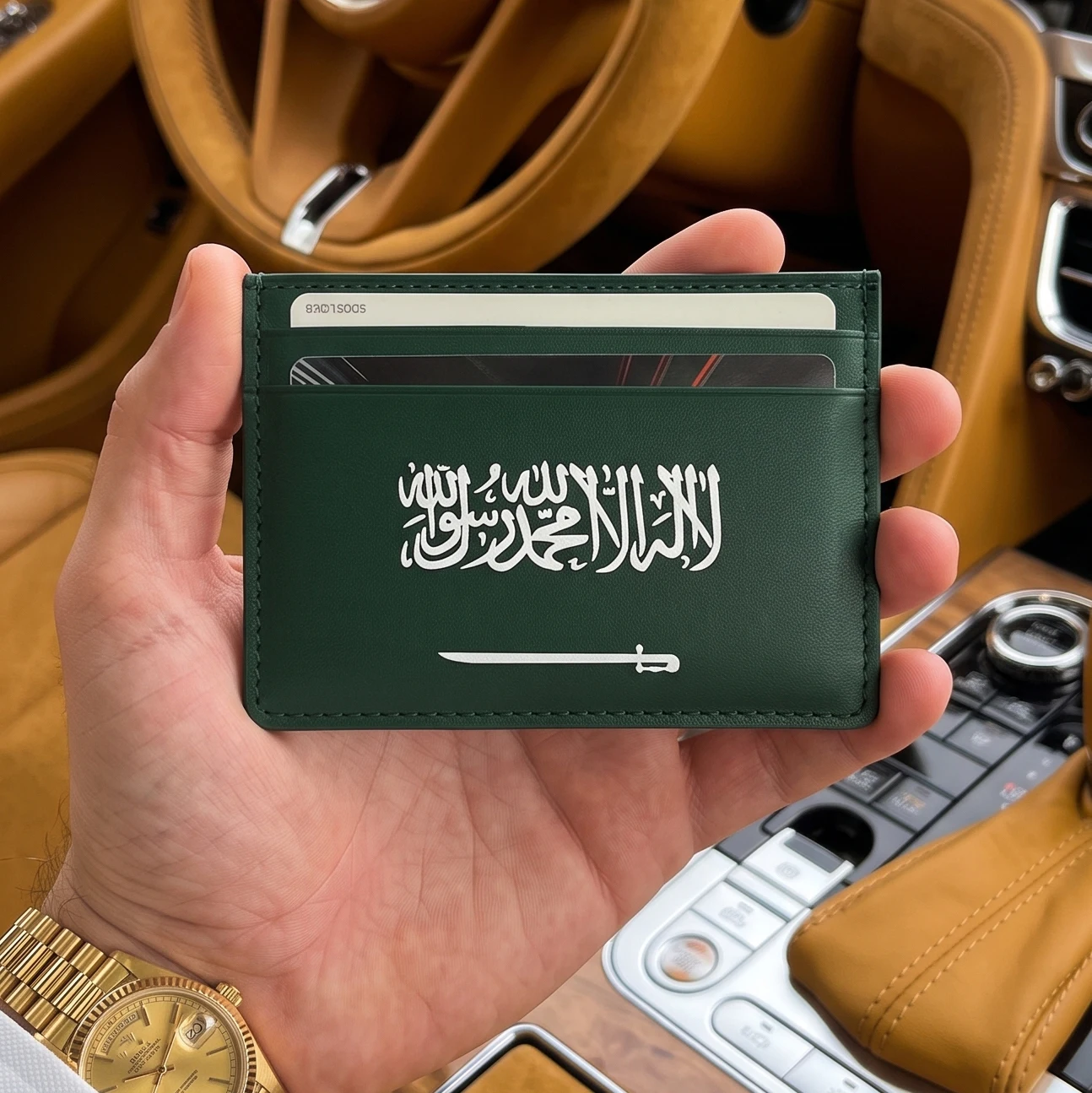 Hiram Beron Green Italian Cow Leather Card Holder Case with Saudi Arabia Flag Premium Leather Goods