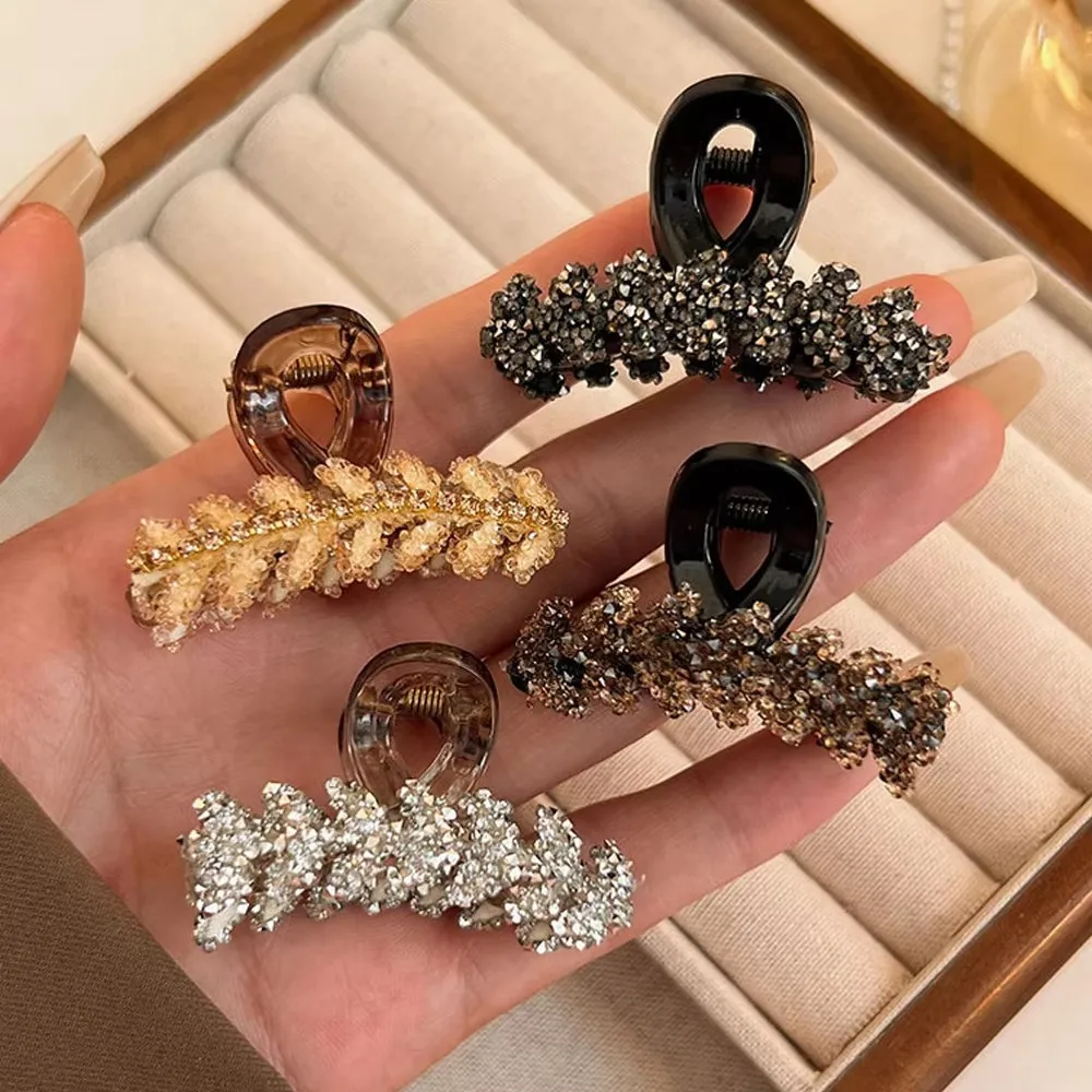 1/4Pcs Rhinestones Leaf Shaped Hair Claw Small Crystal Wheat Shark Jaw Clamp For Strong Hold Bun Women Girls Daily Use Headwear