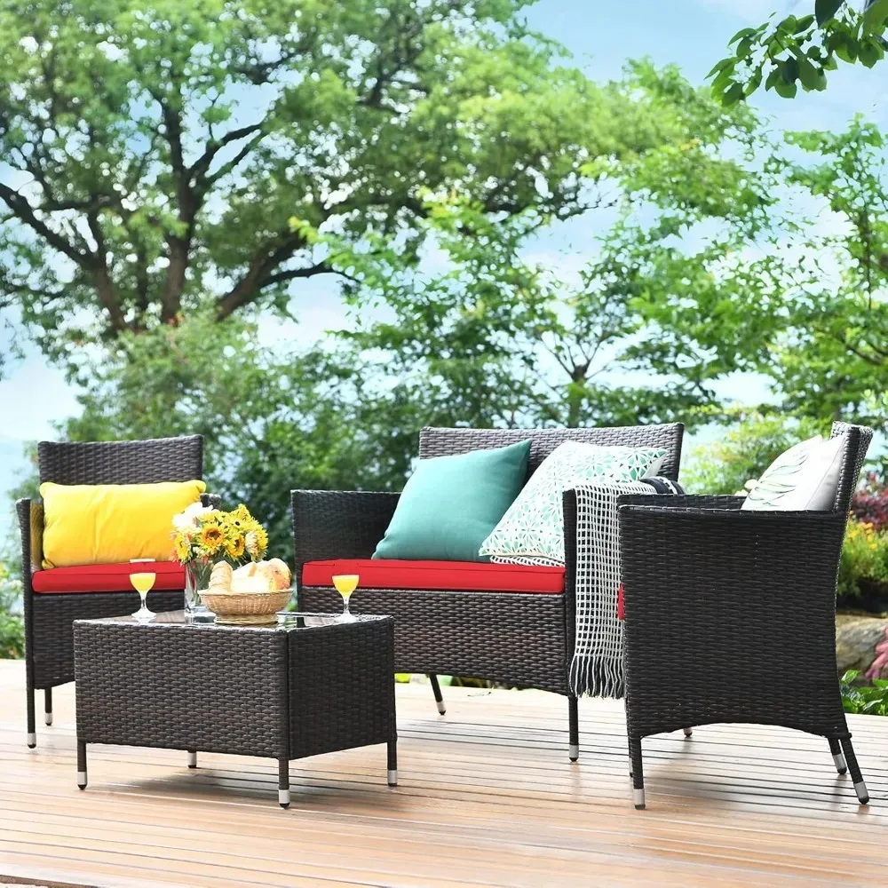 8-teiliges Rattan-Terrassenmöbel-Set, Outdoor-Rattan-Stühle aus Korbgeflecht mit Couchtisch, gepolstertes Rattan-Gesprächsset für B