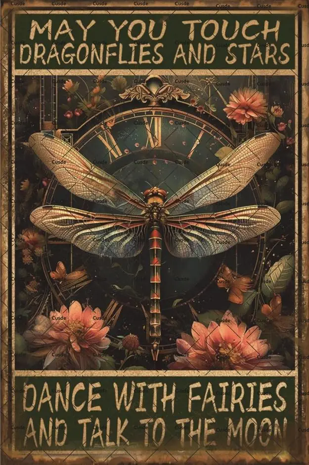 Letrero Metálico Vintage de Libélulas: Que las Libélulas y las Estrellas Bailen con las Hadas y Hablen con la Luna - Libélula Nostálgica